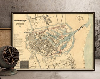 Dunkirk map  - Old map of Dunkerque -  Historic map restored - Fine reproduction on paper or canvas