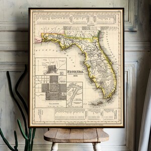 Florida kaart uit 1845, oude kaart vintage stijl decor, decoratieve Florida kaart print