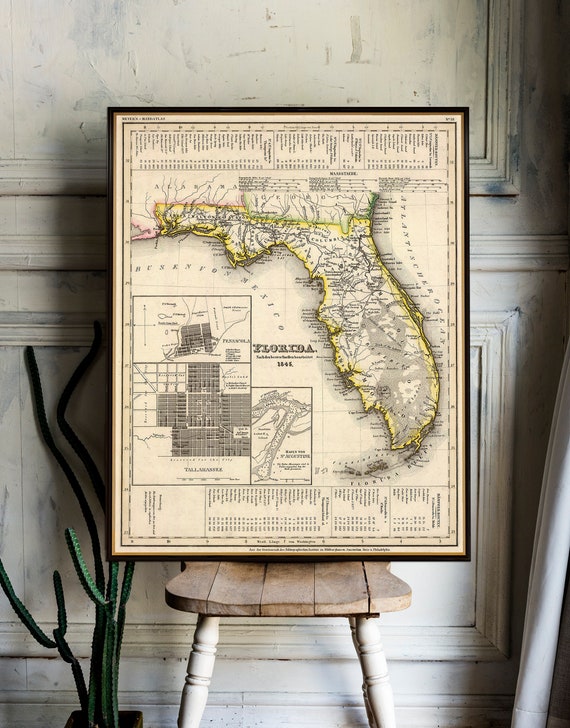 Florida map from 1845, old map vintage style decor, decorative Florida map print