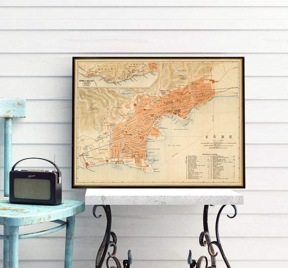 Vintage map of Kobe, historical Japanese map reproduction on paper or canvas, Imperial period