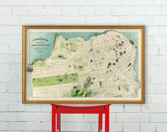 San Francisco map - Archival map print - Pictorial and commercial map of San Francisco, available on paper or canvas