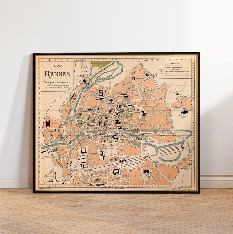 Carte de Rennes, plan de la ville de Rennes, carte vintage, carte murale art déco image 1