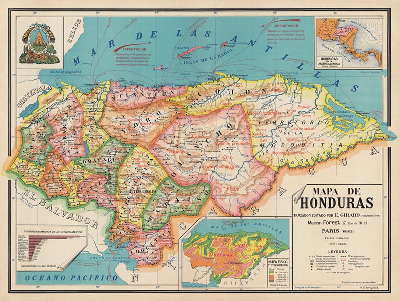 Map of Honduras Old map archival print on paper or canvas Etsy