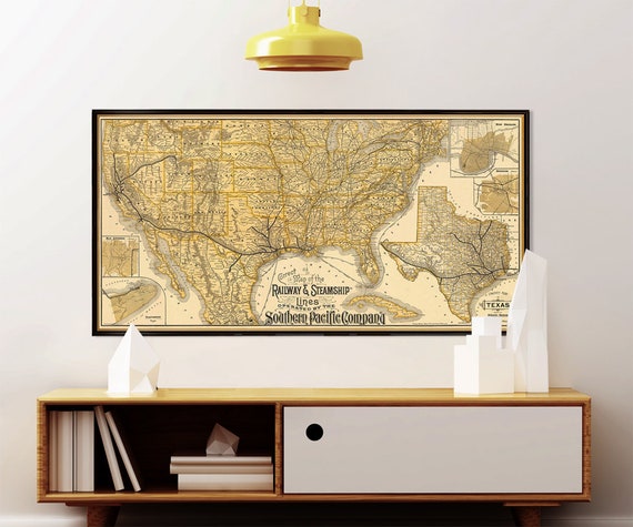 US map -  Old map of USA - Railway Steamship Lines  - Southern Pacific Company - US map fine print on paper or canvas