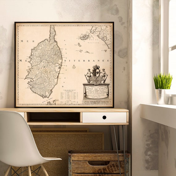Corsica map, vieille carte de la Corse, large wall map print on paper or canvas