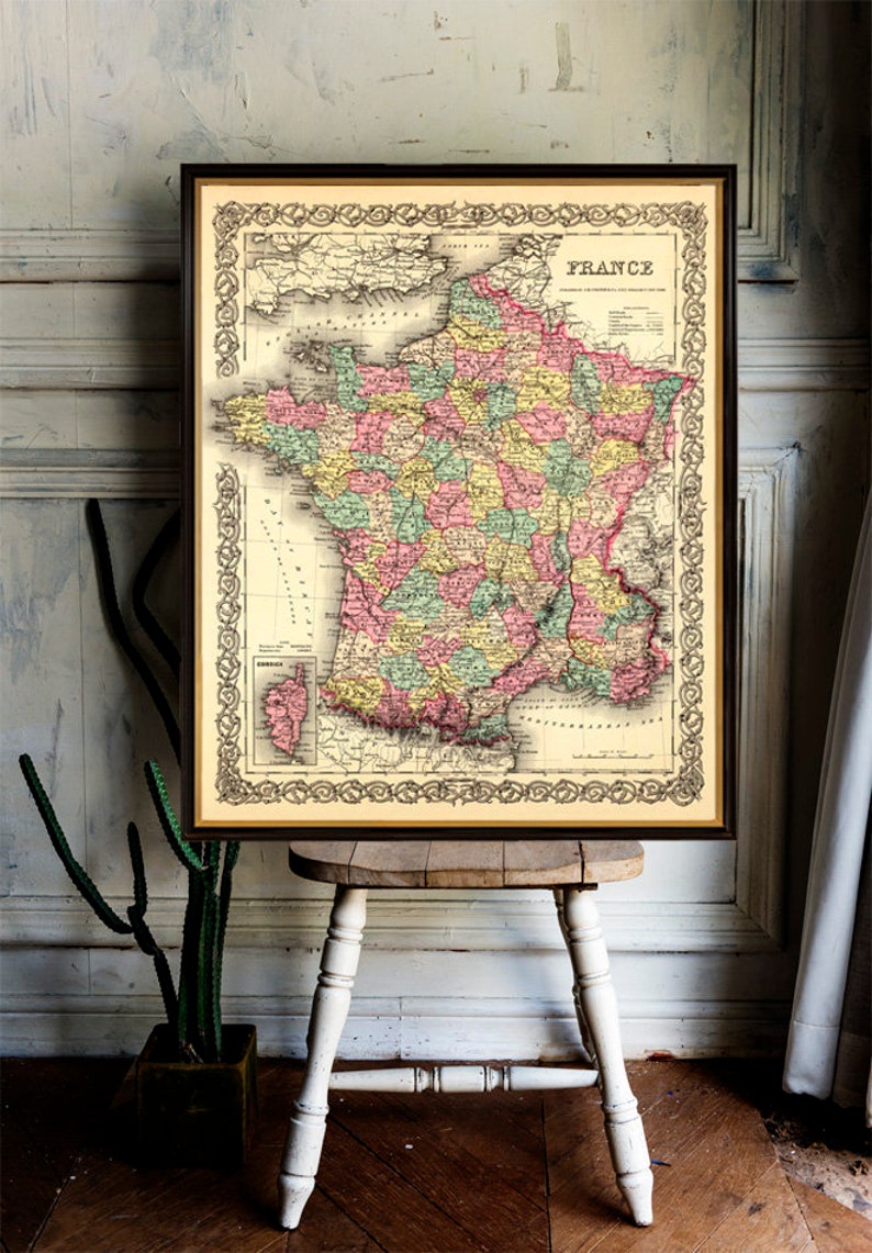 Carte de France vintage, impression fine - La carte de France - Impression d'archives sur papier ou toile image 1
