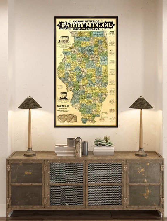Illinois map - Old map of Illinois with automobile advertisement - print on paper or canvas