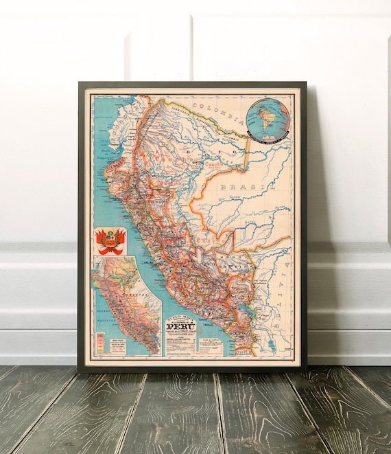 Peru map - Old map of Peru, large wall map print print on paper or canvas