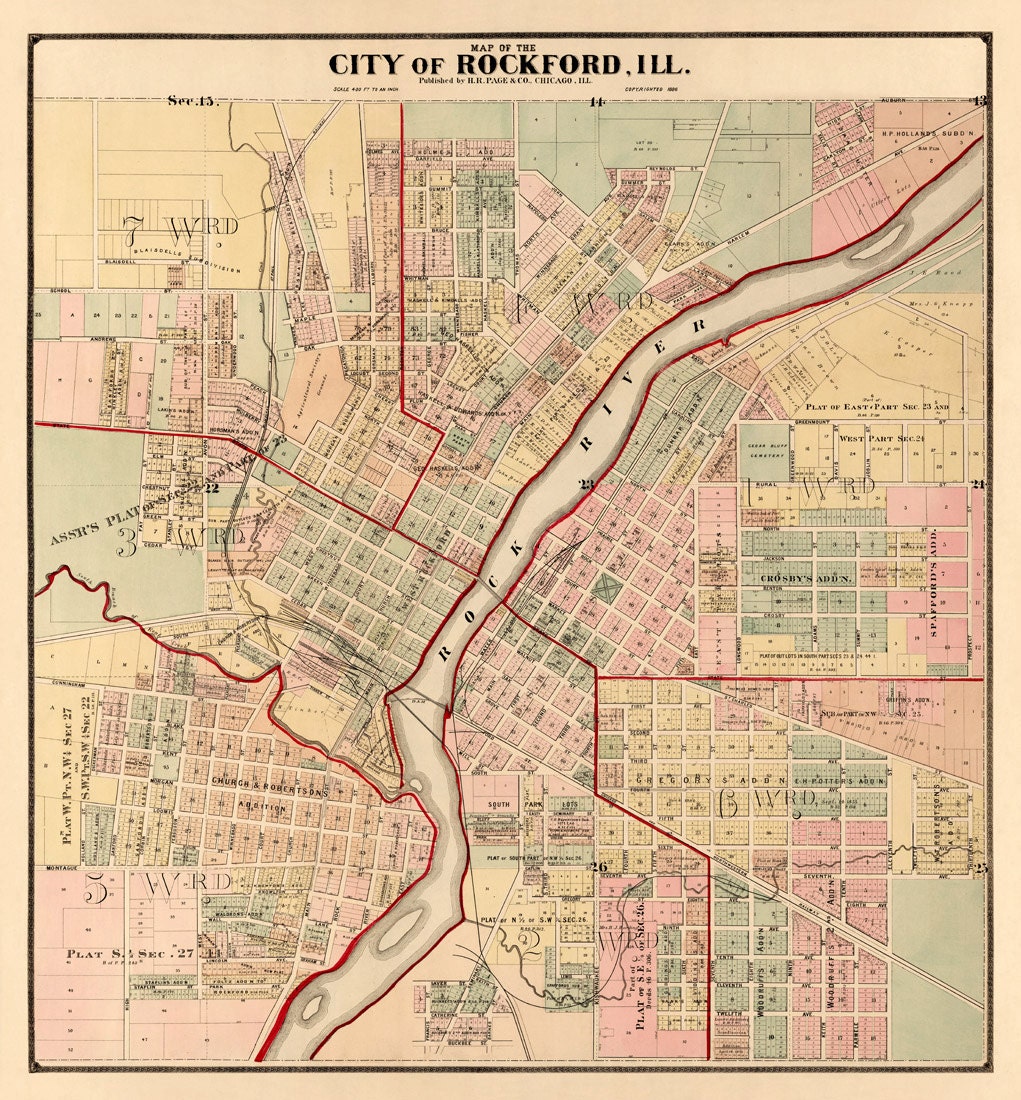 Rockford map Old map of Rockford (Illinois) Fine print on paper or