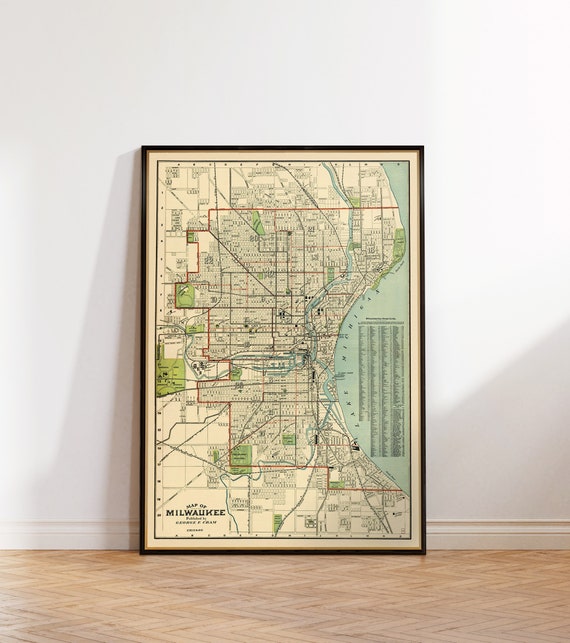 Milwaukee map, decorative wall map art, historical map, house decor