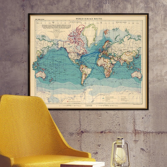 Vintage map of the world -  Large wall  map -  Archival print on paper or canvas