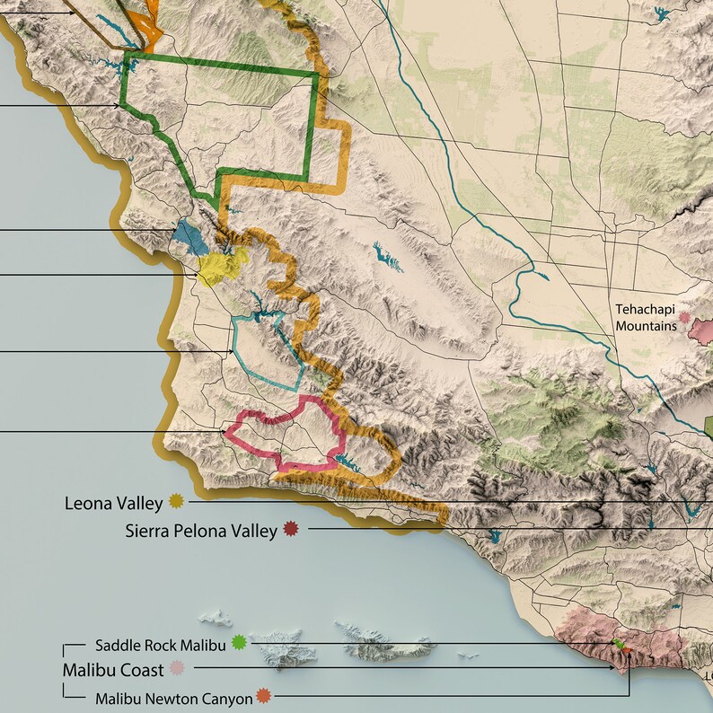 Carte des régions viticoles de Californie, régions viticoles américaines, carte détaillée, montrant toutes les régions viticoles de Californie, superbe décoration de bar/cave image 4