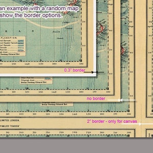 May include: A close-up of a vintage map with a blue background and brown lines. The map shows different types of currents, including equatorial, periodical, and polar currents. The map also includes a key with explanations for each type of current. The map has a 0.3 inch border, a no border option, and a 2 inch border option for canvas.
