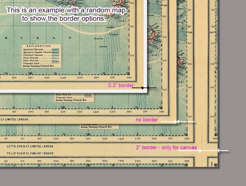 May include: A close-up of a vintage map with a blue background and brown lines. The map shows different types of currents, including equatorial, periodical, and polar currents. The map also includes a key with explanations for each type of current. The map has a 0.3 inch border, a no border option, and a 2 inch border option for canvas.