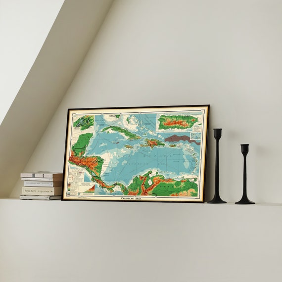 Caribbean Sea old map, Caribbean area decorative map, decorate your wall with a vintage style map