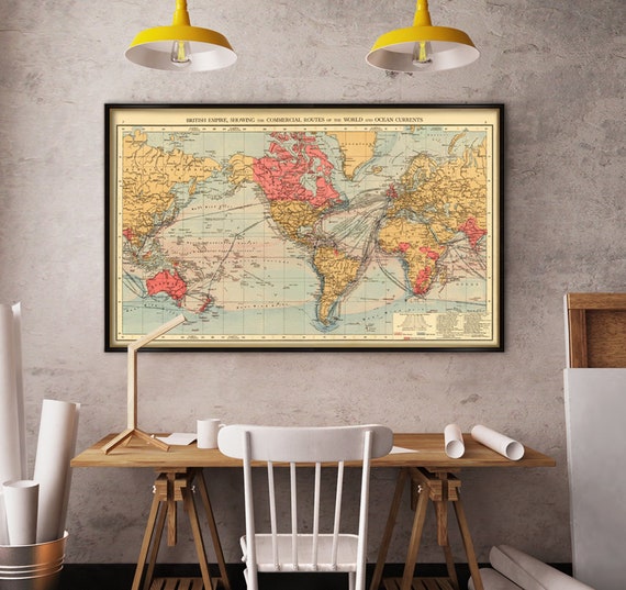 Archival map of the world -  British Empire  - World map showing commercial routes - Available on paper or canvas