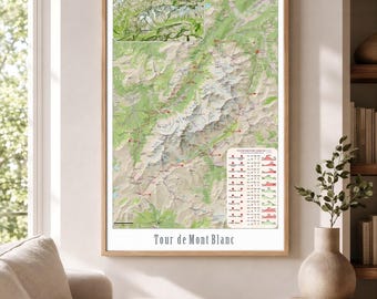 Gepersonaliseerde kaart van de Tour du Mont Blanc | Gedetailleerde TMB-wandelroute met klassieke route en alternatieven | Alps Trekking Print