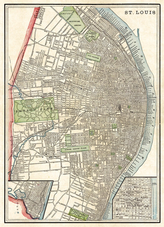 St Louis map - Old map of Saint Louis - Fine reproduction on paper or
