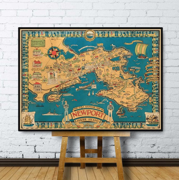 Old map of Newport  - Pictorial map of Newport - Large wall map printed on fine coated paper or canvas