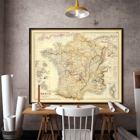 France map, decorative old map of France, carte de la France, restored map from 1972, right after Franco-German war