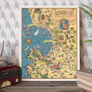 Mappa vintage di Monterey Bay - Mappa pittorica di Monterey Bay, stampa d'archivio su carta o tela