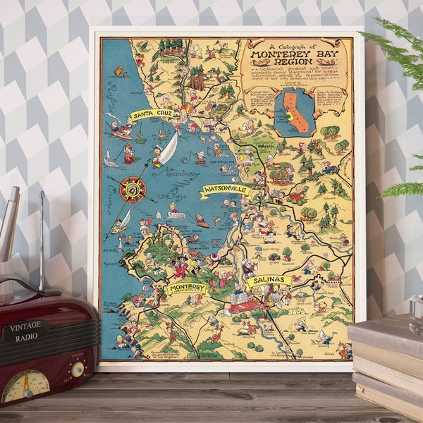 Monterey Bay vintage map - Pictorial map of Monterey Bay, archival print on paper or canvas