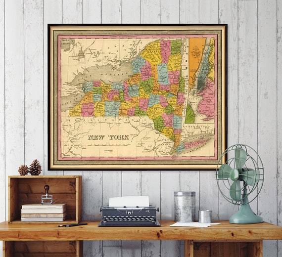 New York map - Vintage map of  New York state, Empire State map, housewarming decor