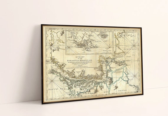 Straights of Magellan, Patagonia  and Tierra del Fuego old map, antique map restored, fine print