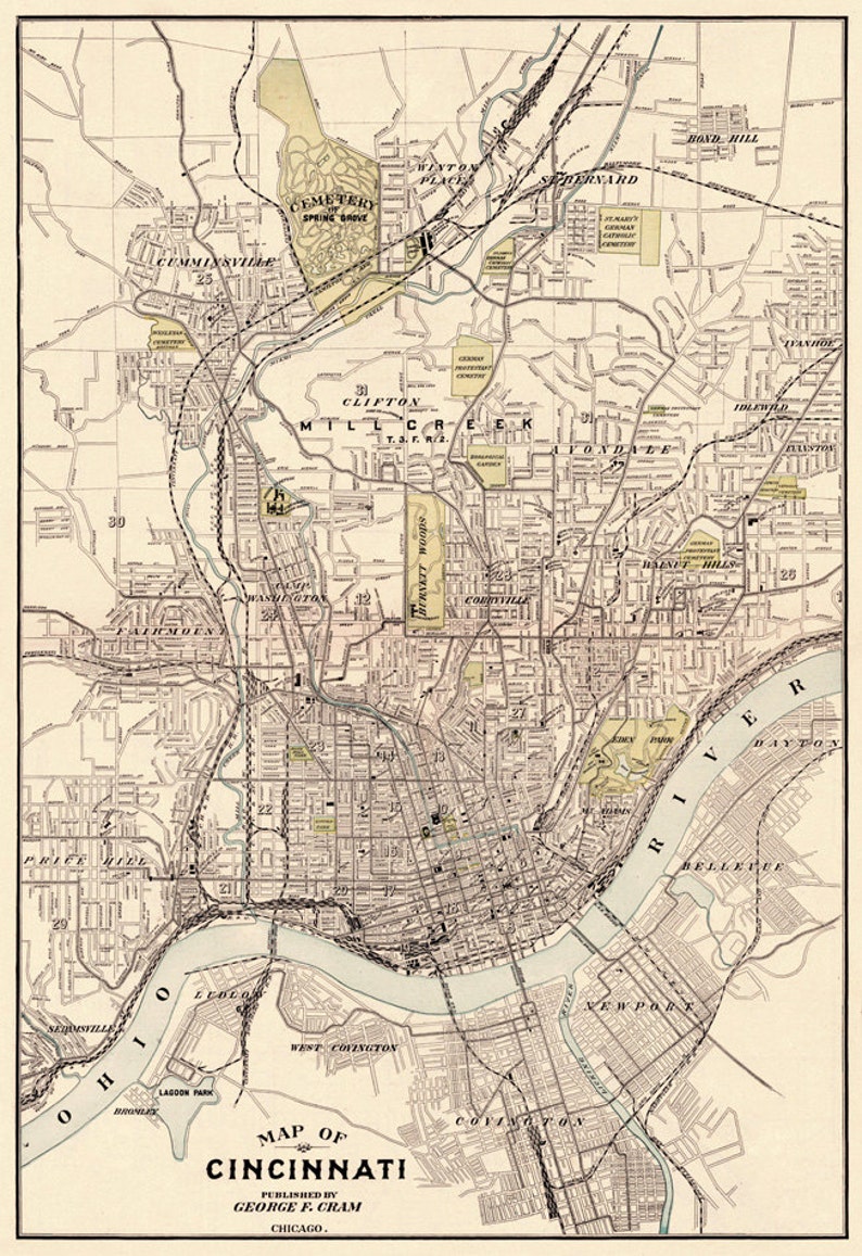 Cincinnati map Old map of Cincinnati fine reproduction Old city map print on fine coated paper or matte canvas image 2