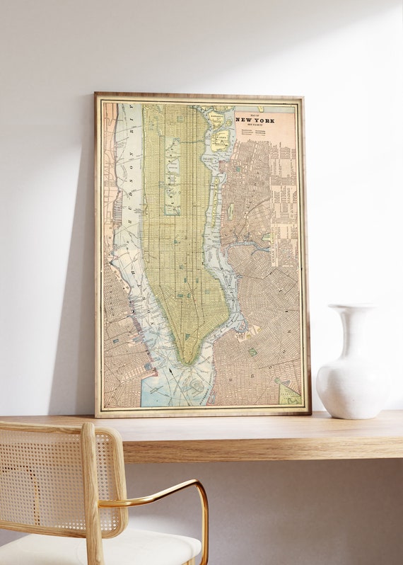 New York City large wall map, old map of NYC from 1901, print on paper or canvas