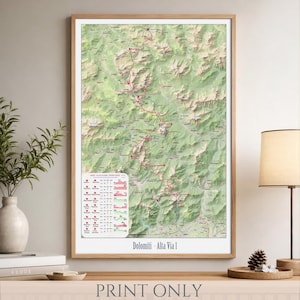 May include: A framed topographic map titled Dolomiti - Alta Via 1, featuring a detailed green and brown mountain landscape with a red hiking trail route, elevation profiles, and text labels, presented in a light wood frame on a flat surface.