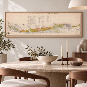 Op de afbeelding: Een rechthoekige ingelijste wandkaart getiteld Les Vins de Bourgogne La Côte de Nuits, met een gedetailleerde illustratie in vintage-stijl van de Franse wijnstreek met gekleurde wijngaardpercelen, tekstlegenda's en geografische markeringen.