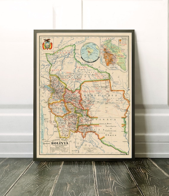 Bolivia map - Vintage map, old school style, large wall map fine print