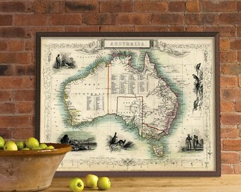 Ancienne carte de l'Australie - Ancienne carte restaurée, carte de style antique avec illustrations de scènes sauvages et aborigènes d'Australie