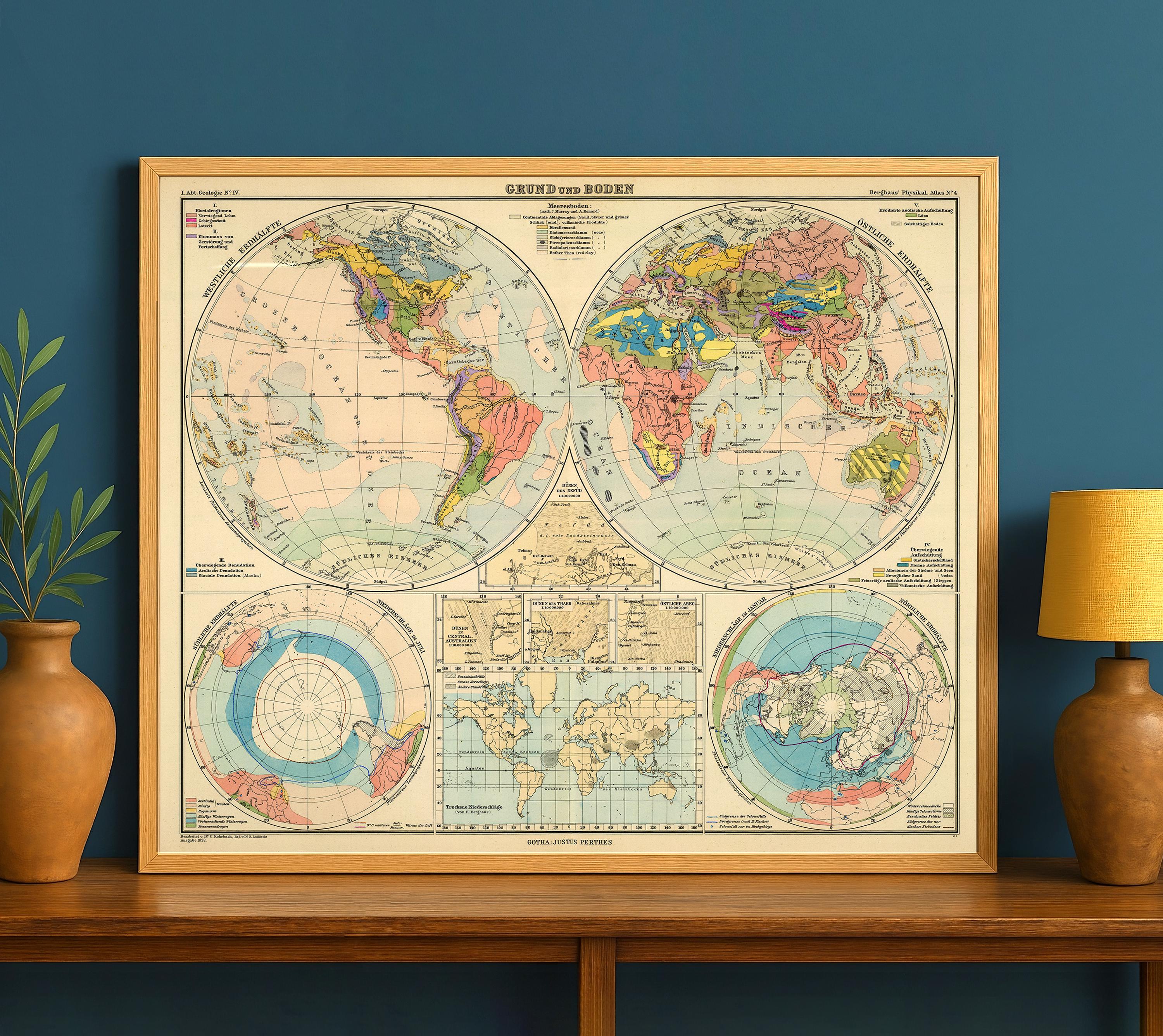 世界の地質図｜ヴィンテージ風テーマ別世界地図、土壌の種類と土地利用