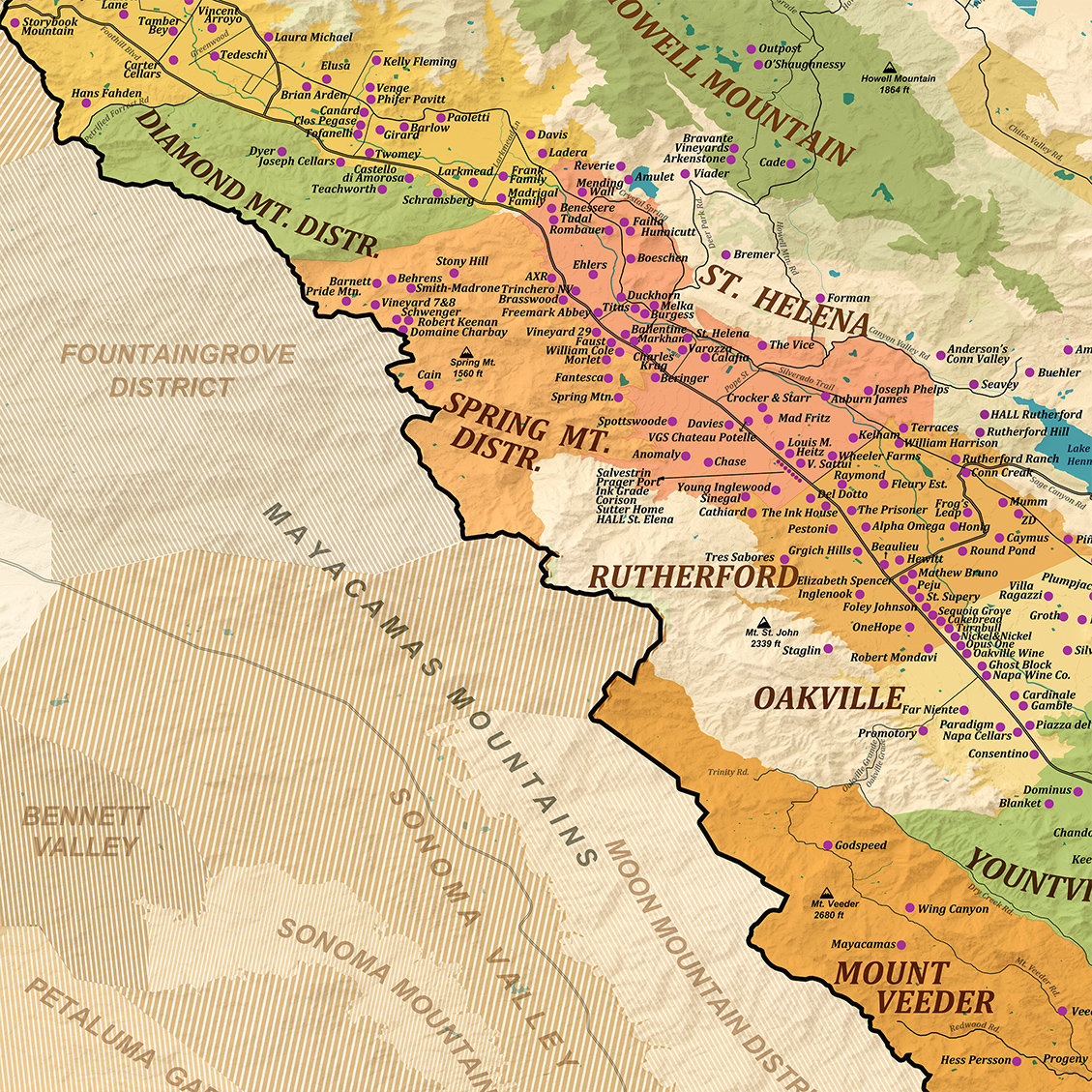 Mapa de vinos del Valle de Napa, viñedos, variedades de uva y bodegas /  Regiones AVA - Guía de viñedos de California - Etsy México, image size:1129x1129