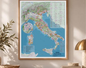May include: A framed wall map titled Italia Regioni viticole Denominazioni DOC e DOCG, featuring a detailed topographical representation of Italy with various colored regions, a circular inset, and a comprehensive legend on a blue background.