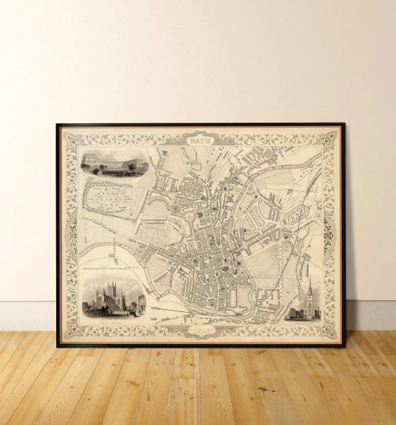 Old map of Bath, old city map in sepia tones, British city plan, wall art print