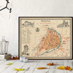 Map of Poitiers - Old city map archival reproduction - Plan de Poitiers, available on paper or canvas