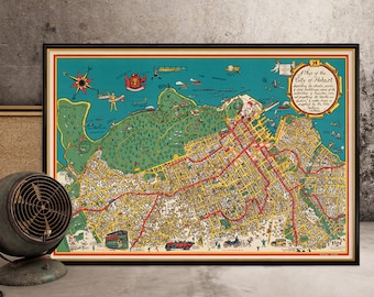 Vintage map of Hobart - Old city map restored, pictorial Hobart, fine reproduction on paper or canvas