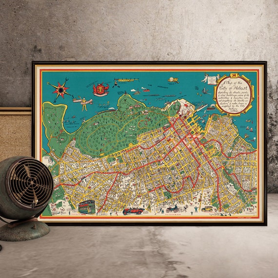 Vintage map of Hobart - Old city map restored, pictorial Hobart, fine reproduction on paper or canvas