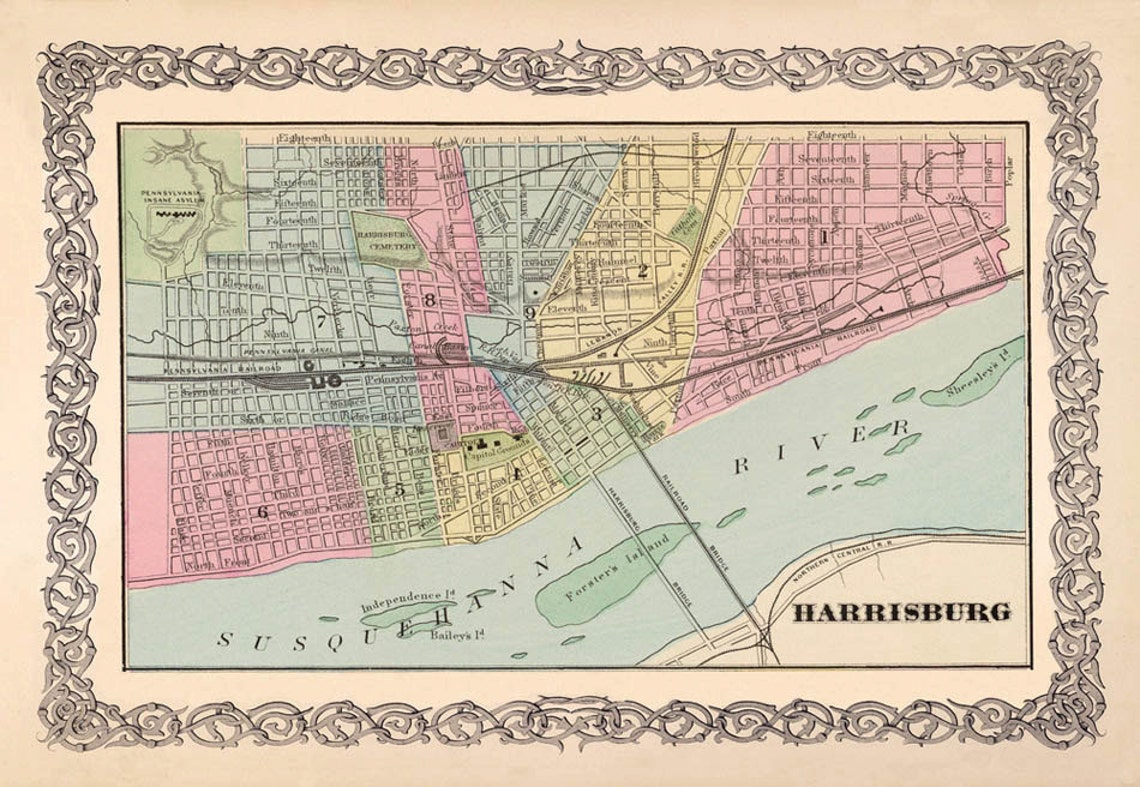Harrisburg Map Antique Harrisburg pennsylvania City Map Etsy