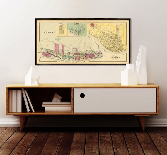 Jethro map - Wellsville map - East Liverpool map - Old city map print - Fine reproduction - 16 x 34"