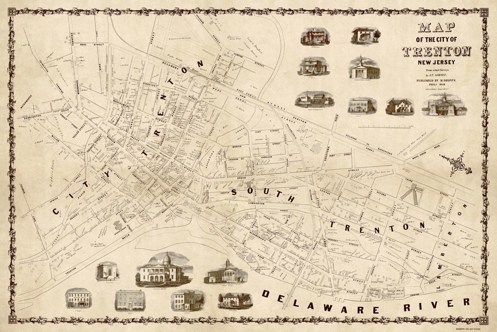 Old map of Trenton from 1849 - Historical map restored, wall art 