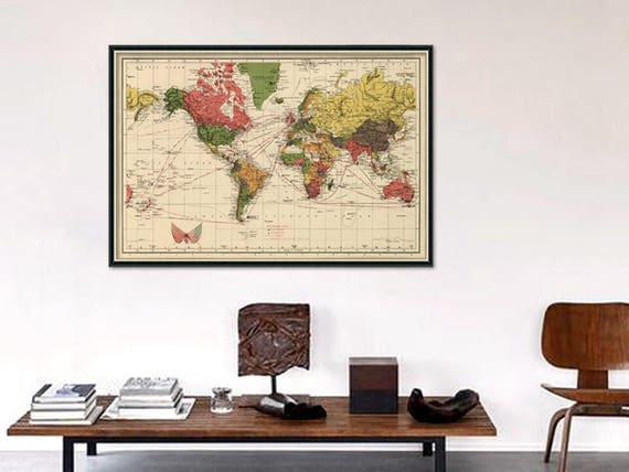 Vintage world map print -Map of the world available on paper or canvas