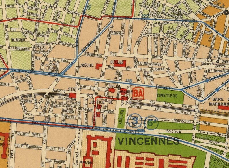 Carte ancienne de Vincennes, Bagnolet, Fontenay-s-Bois, Montreuil-s-Bois - Impression fine sur papier fin couché ou toile image 4