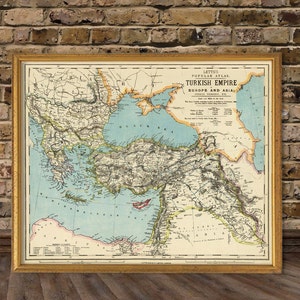 Historische Landkarte - Türkisches Reich Karte, Balkanhalbinsel Karte, Naher Osten Karte, Schwarzmeer Region, feiner Druck auf Papier oder Leinwand