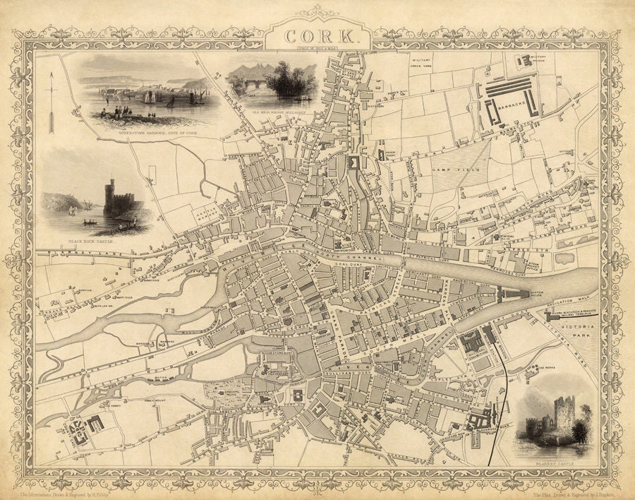 Historical map of Cork Old city map restored, fine reproduction on