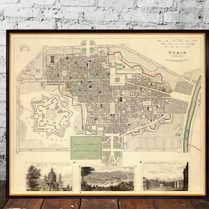 Ancienne carte de Turin - Reproduction fine de carte de la vieille ville sur papier mat ou toile