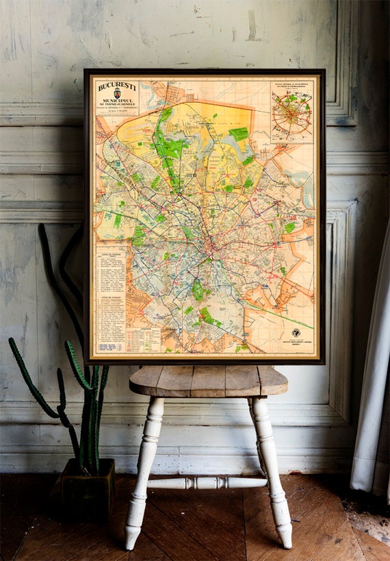 Bucharest map - archival fine print - Harta orasului Bucuresti